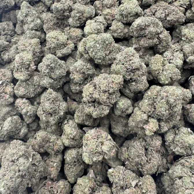 Close-up of a pile of green cannabis buds on a reflective surface