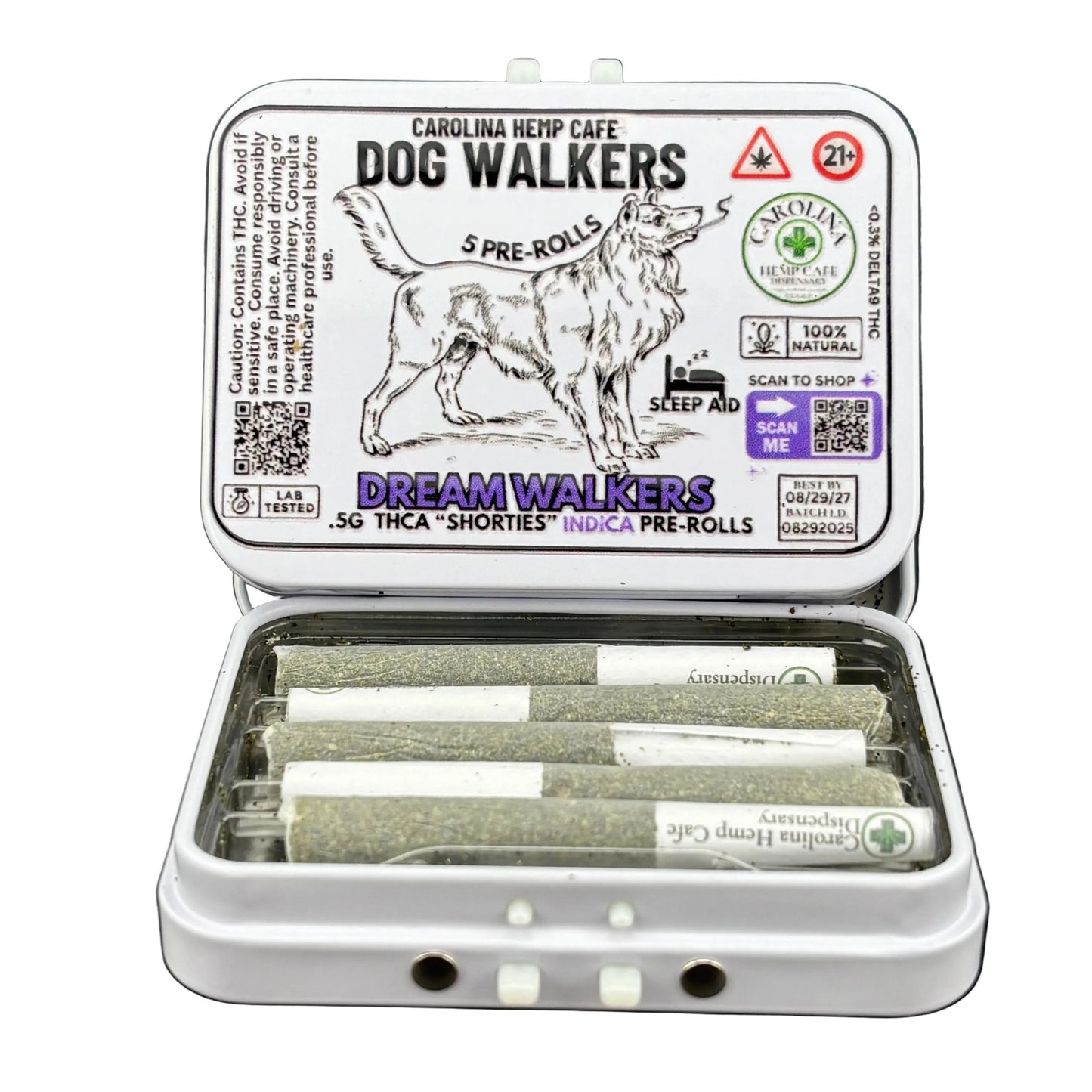 Carolina Hemp Cafe Dog Walkers packaging with pre-rolls inside on a white background