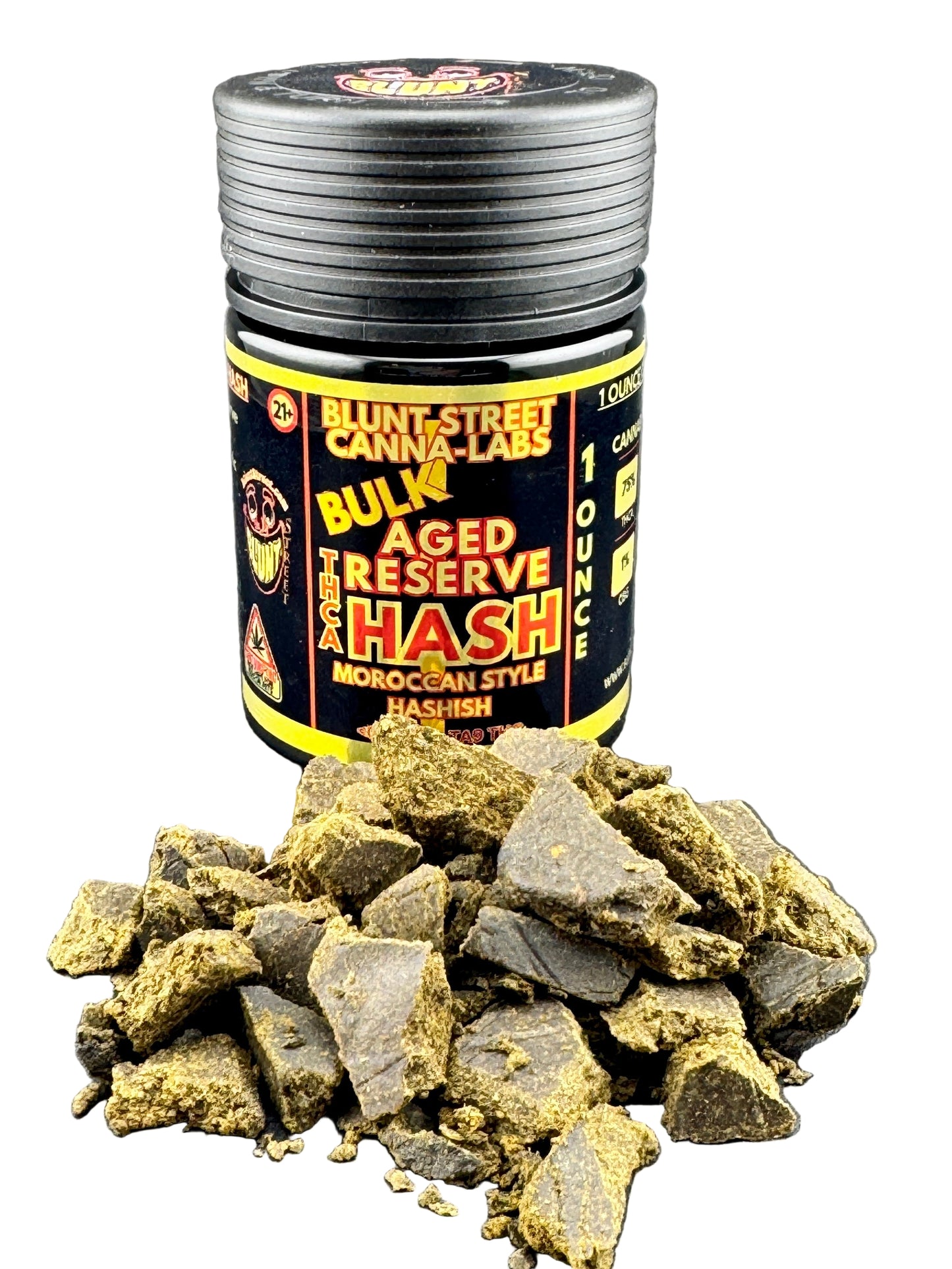 A jar of Blunt Street Canna Labs Bulk Aged Reserve Hash in Moroccan Style, shown with a pile of the dark greenish-brown hash pieces in front on a white background.
