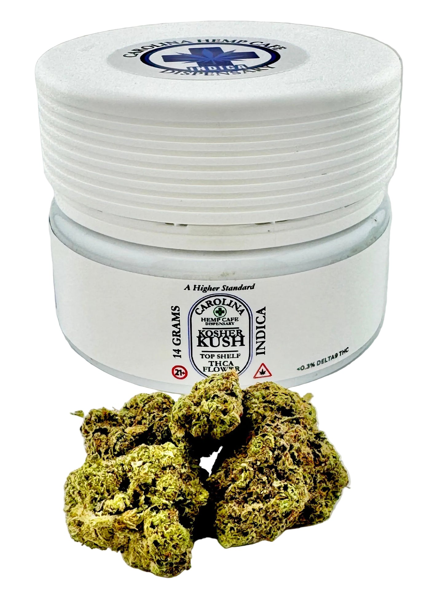 White container with cannabis product on a light gray background