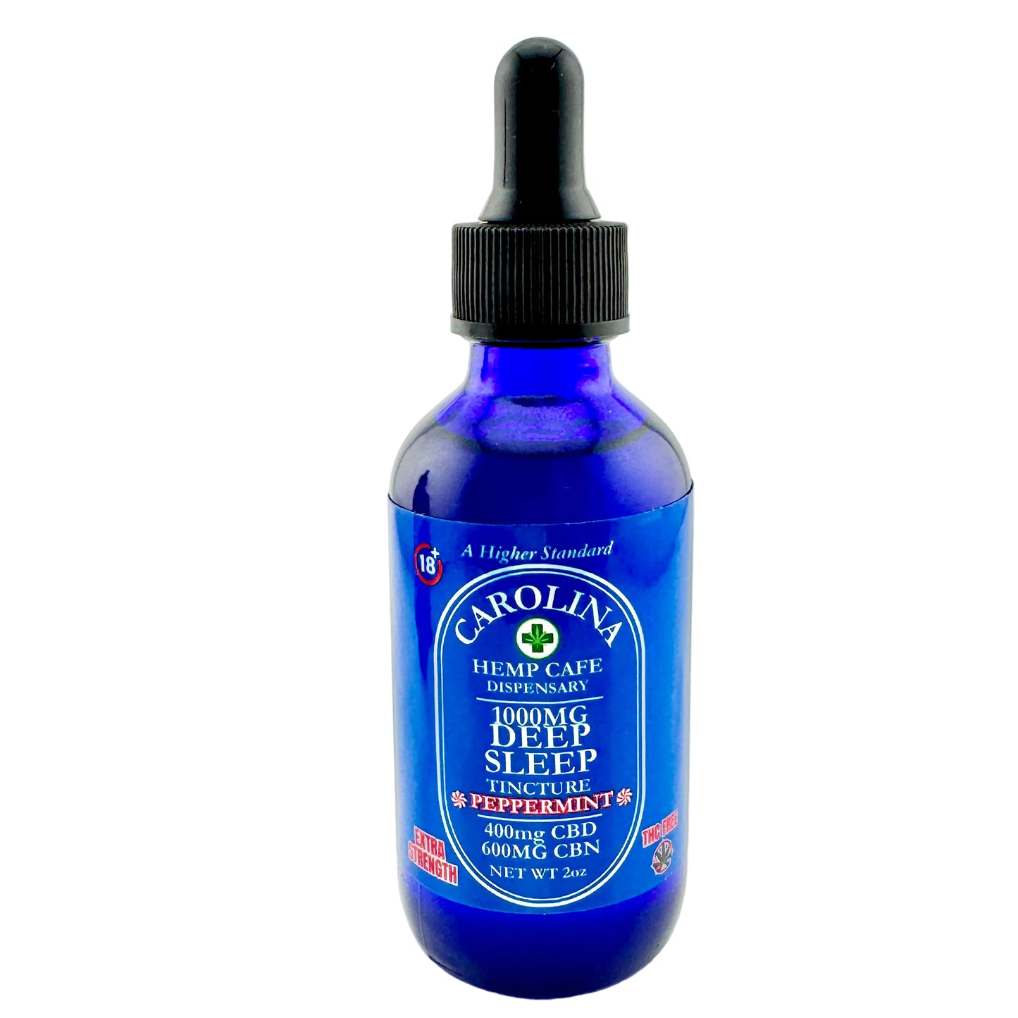 Blue bottle of Carolina Hemp Caffe with a dropper on a white background