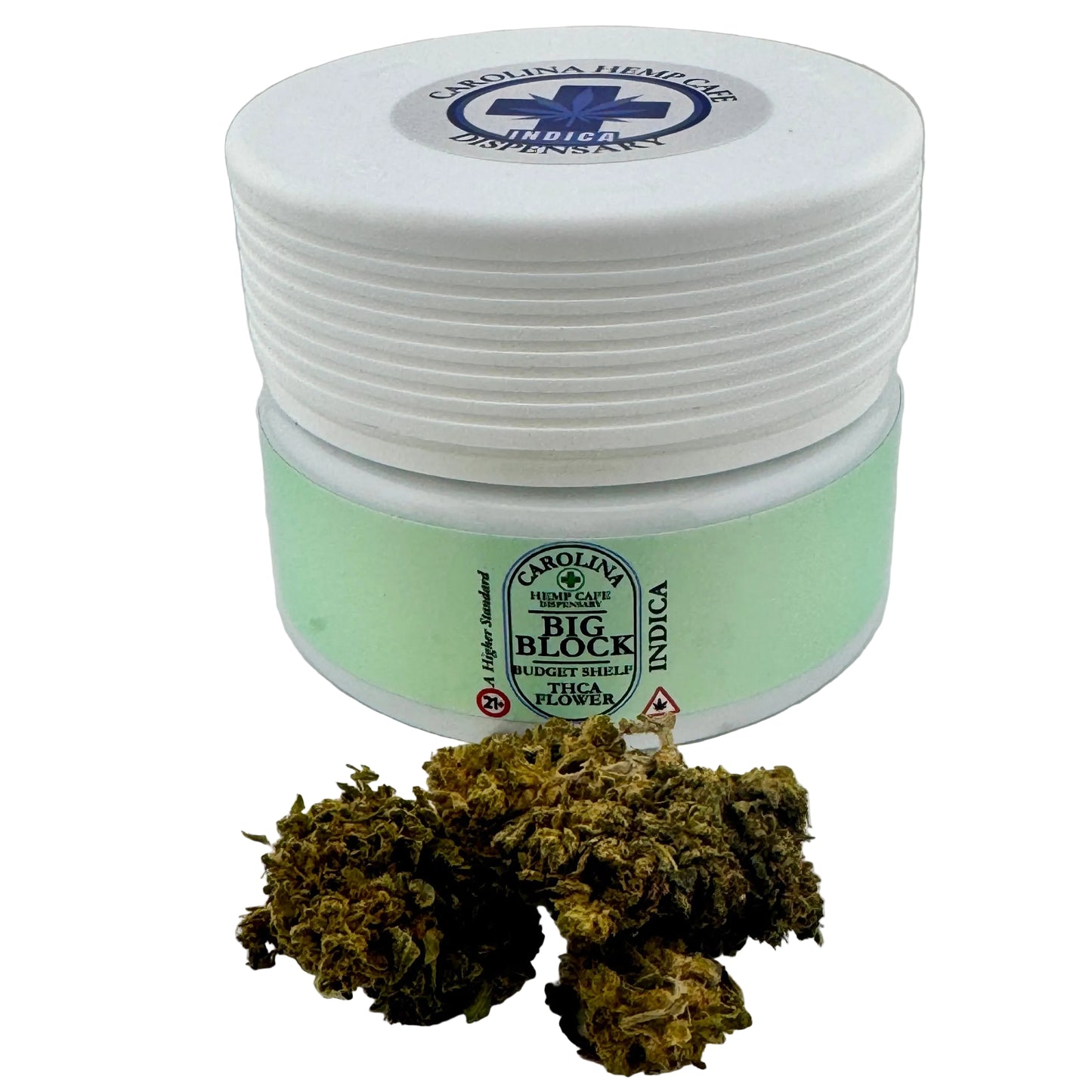 Jar of Carolina Hemp Farms Big Block Indica with cannabis buds on a white background