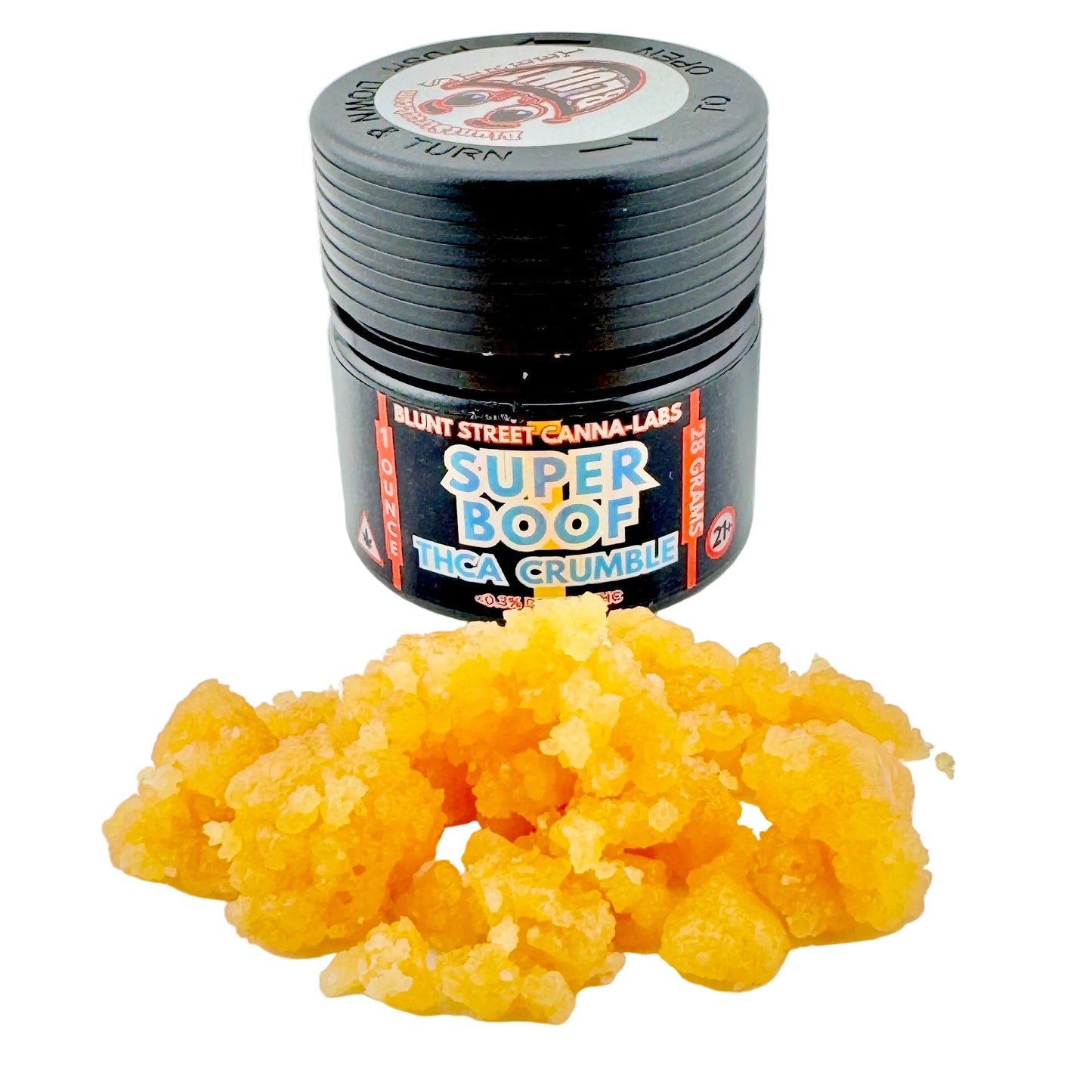 Black container labeled 'Super Boof THCA Crumbles' with yellow substance on a white background