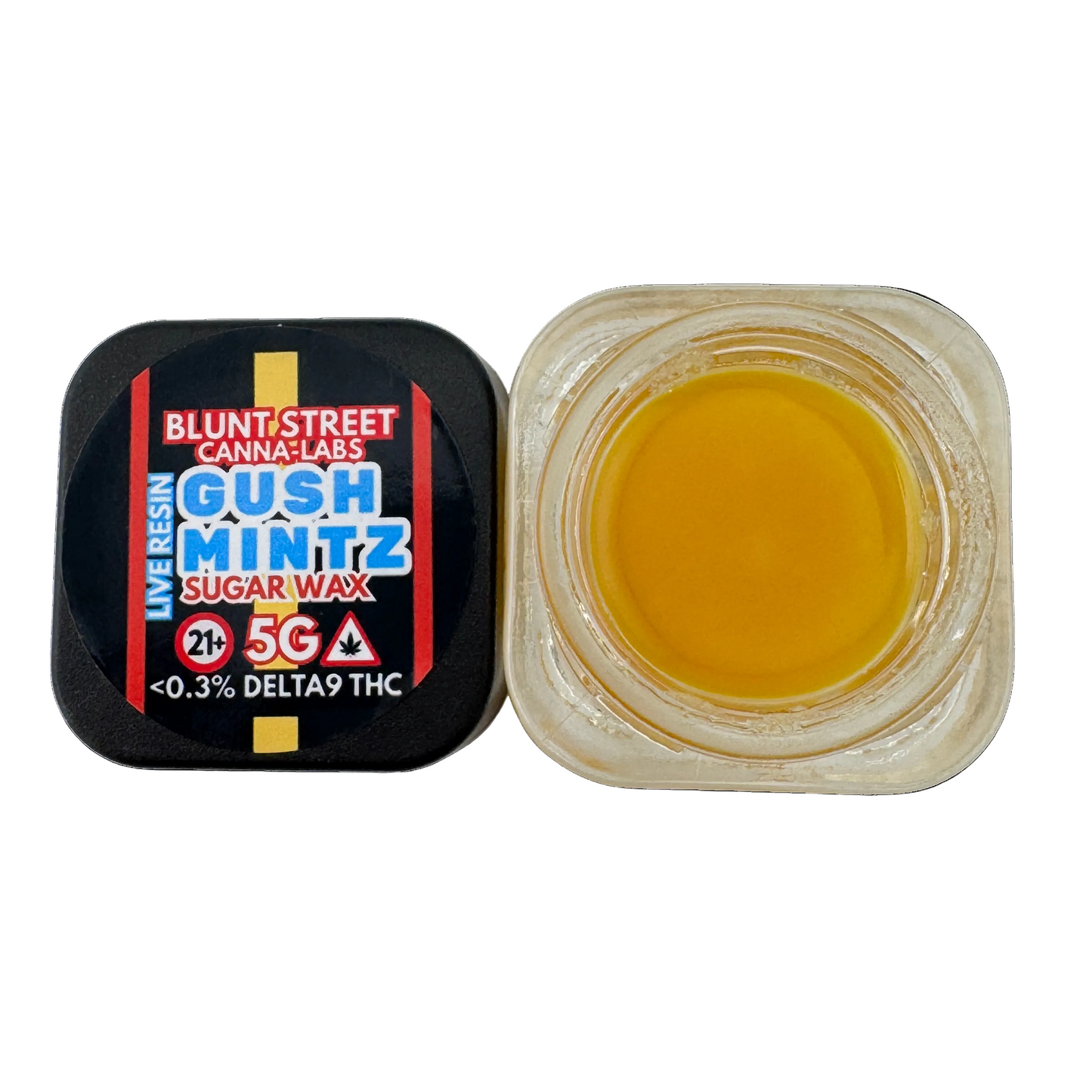 Canna-Labs Gush Mintz sugar wax container with yellow wax on a white background
