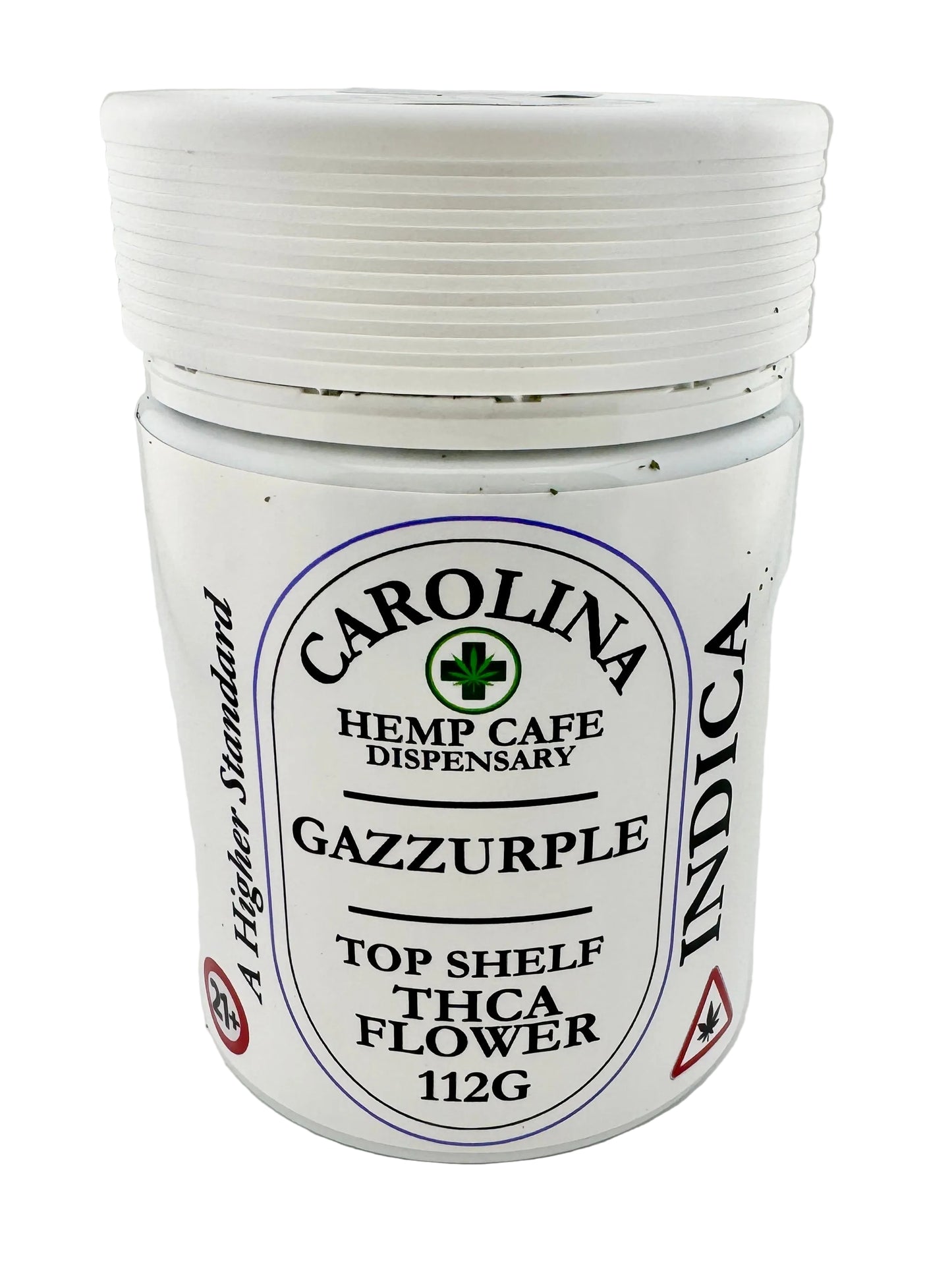 Jar labeled 'Carolina Hemp Cafe Dispensary' with branding and product details on a white background