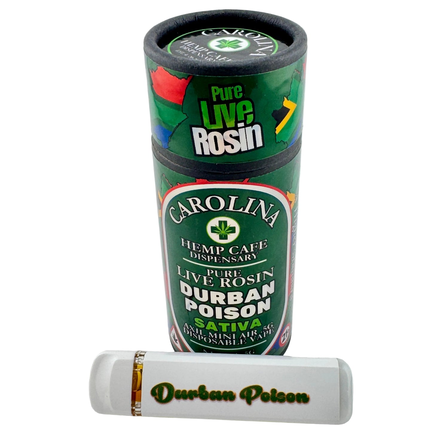 Green container labeled 'Carolina' with a white device labeled 'Durban Poison' on a light gray background