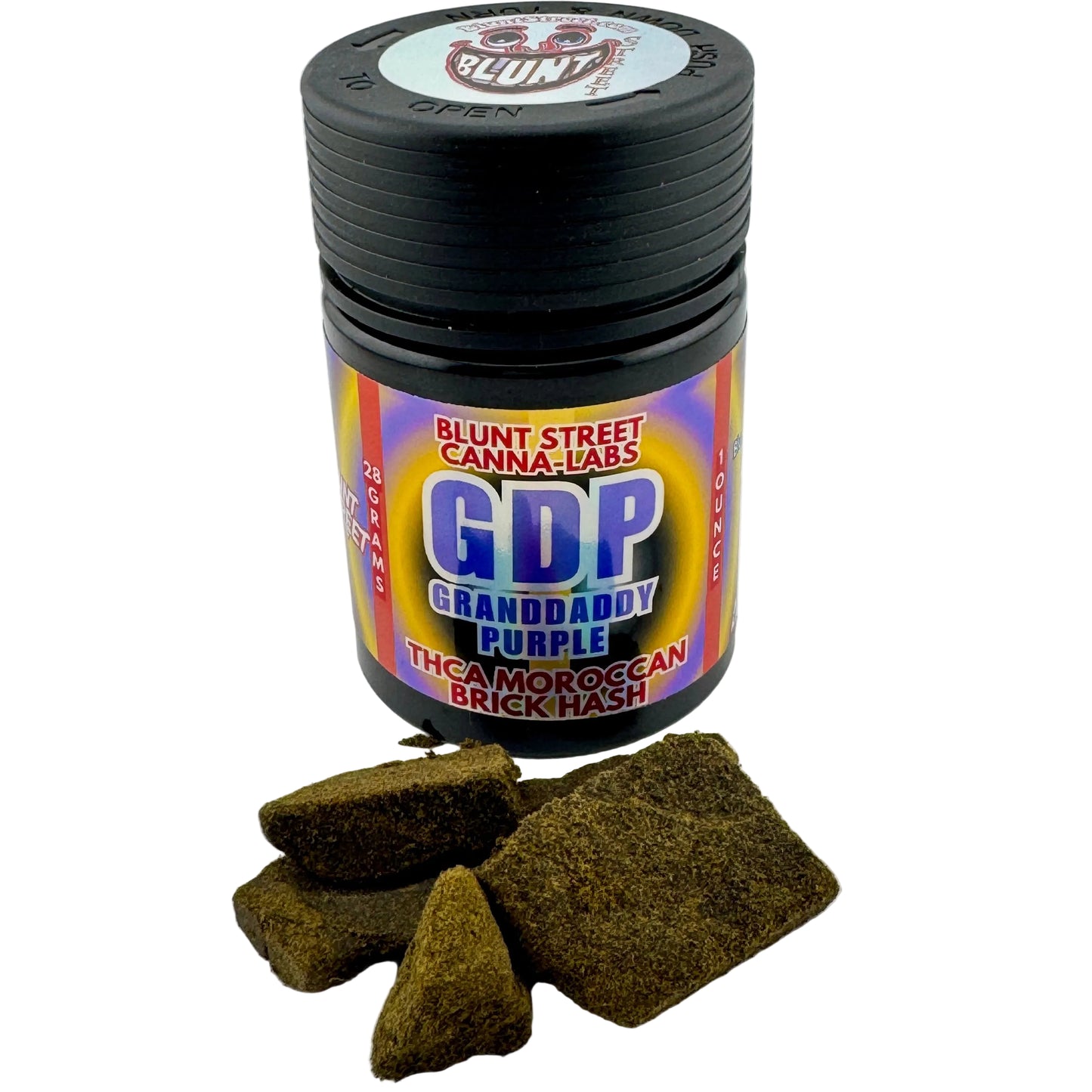 Jar of Blunt Street Canna-Labs GDP Granddaddy Purple hash with pieces of hash on a white background