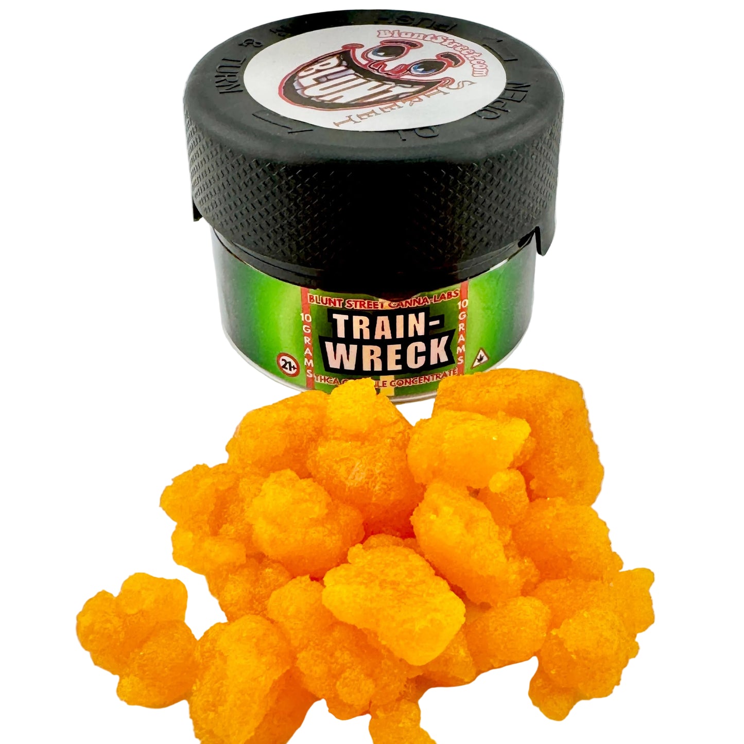Jar of 'Train Wreck' product with yellow resin-like substance on a white background