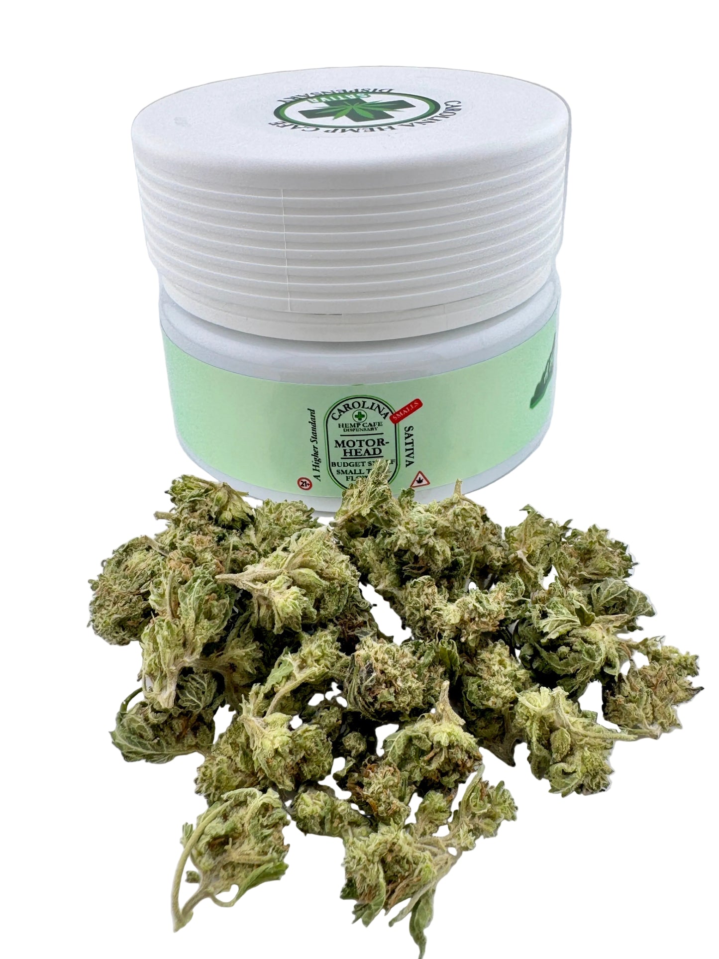 Jar of cannabis buds with a visible brand logo on a white background