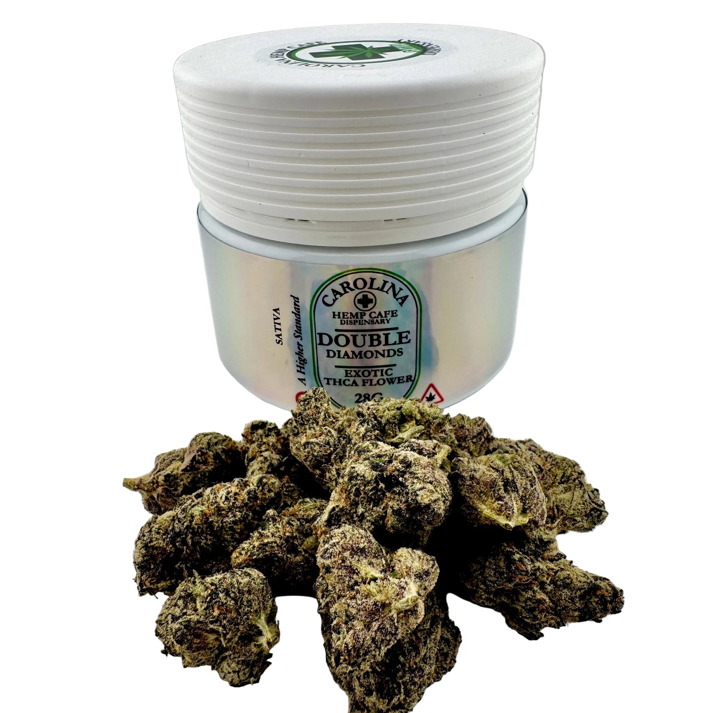 Jar of Carolina Hemp Safe Double Diamonds with cannabis buds on a white background