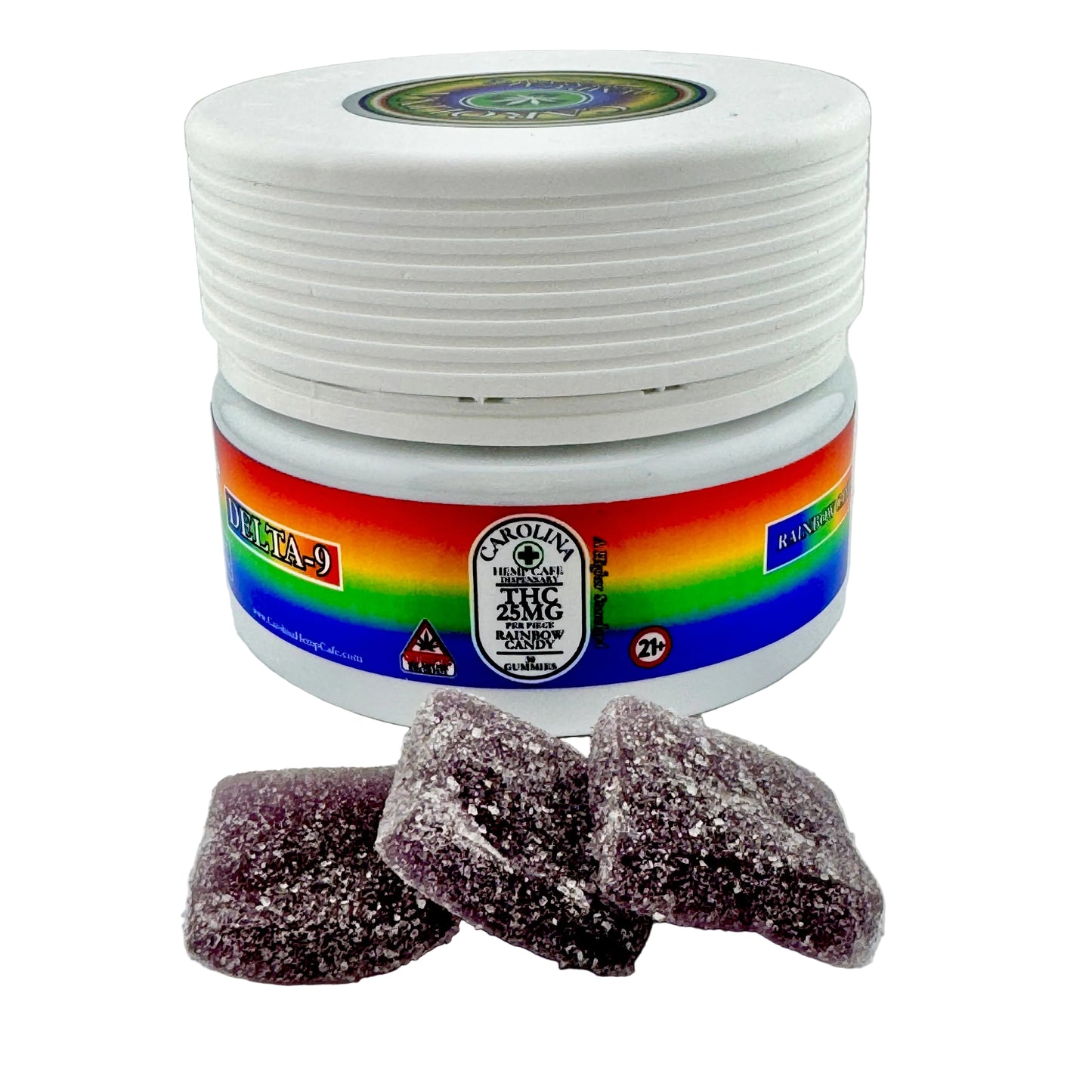 Jar of gummy bears with a rainbow label on a white background