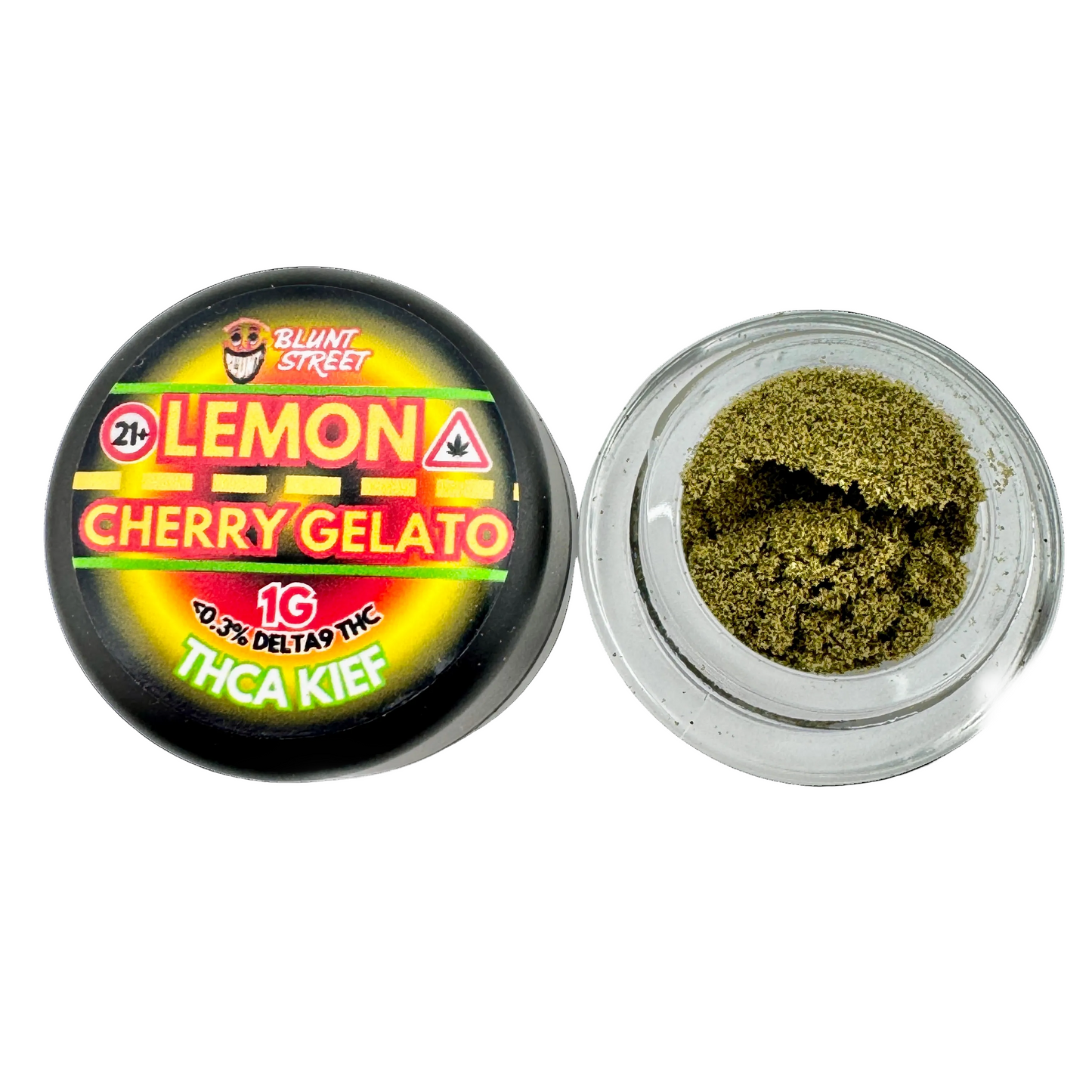 Jar of Lemon Cherry GelatoTHCA Kief with visible branding on a white background
