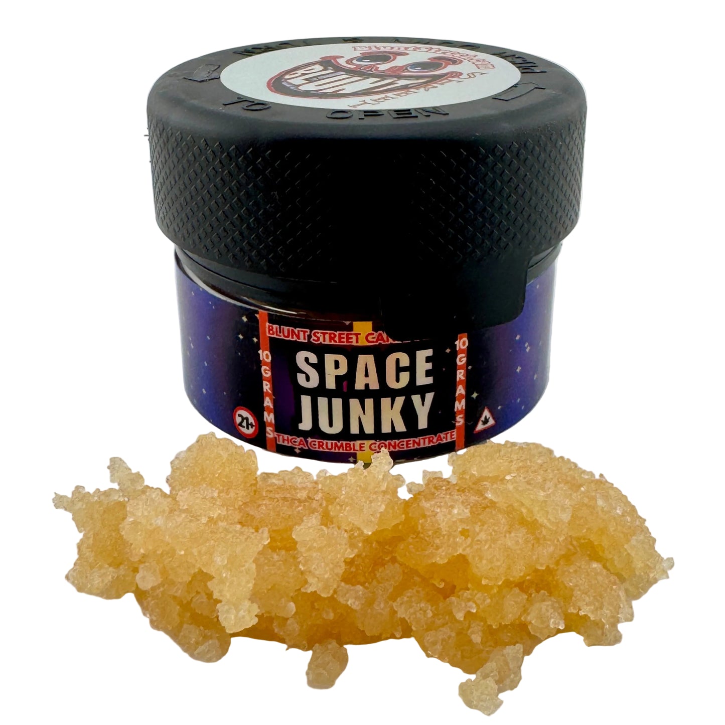 Jar of 'Space Junky' concentrate with a small amount on a white background