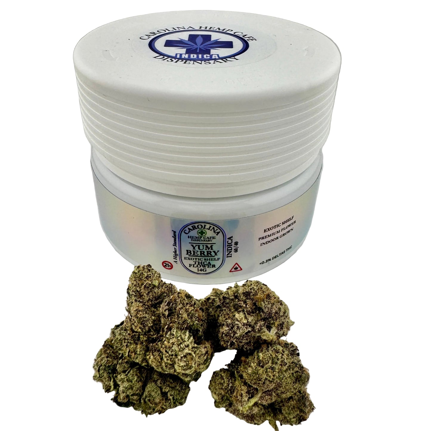 White container with cannabis buds on a light gray background