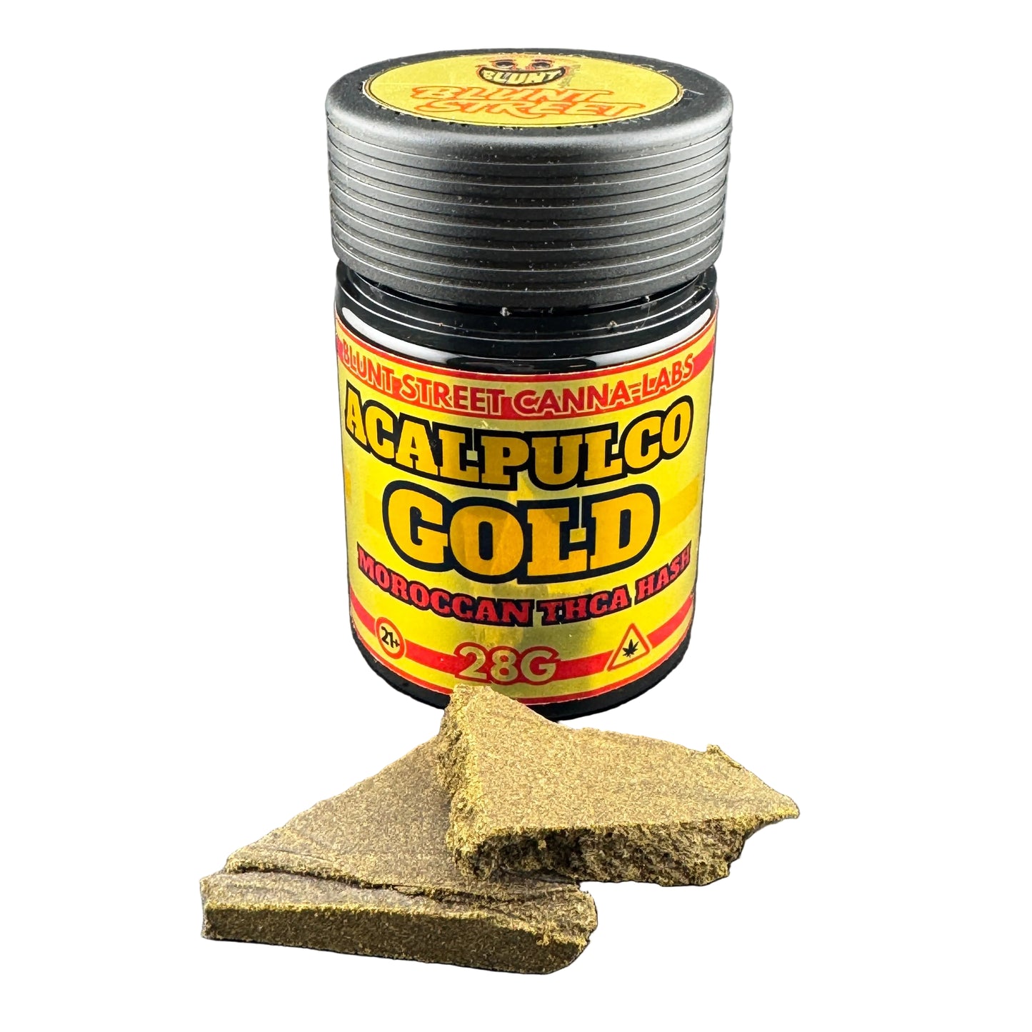 Jar of 'Acapulco Gold' Moroccan Thaï Hash on a gray background