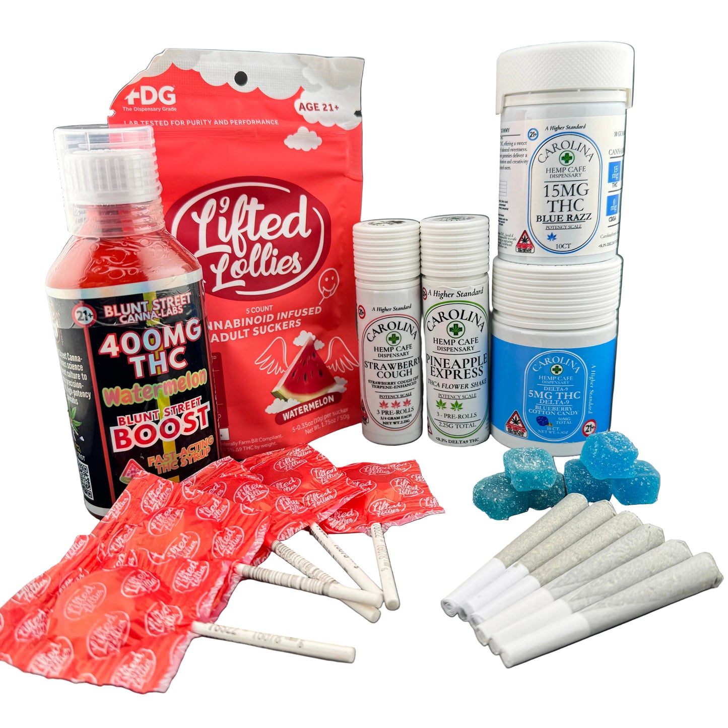 Collection of THC products including a bottle, packaging, and gummies on a dark surface.