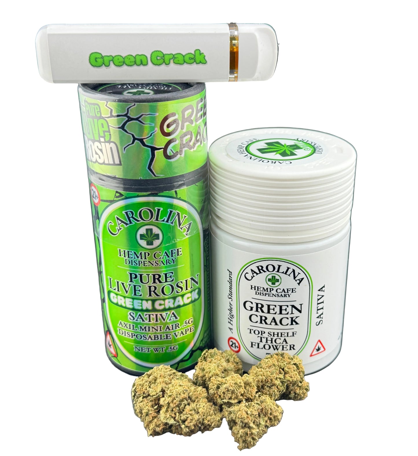 Green Crack cannabis products including a green canister, white container, and cannabis buds on a gray background.