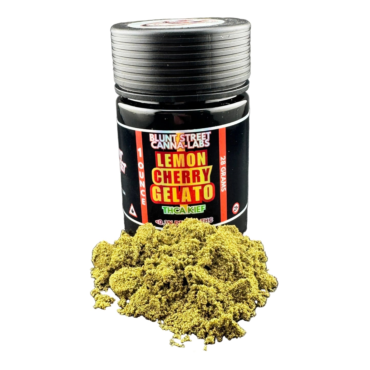 Jar of 'Lemon Cherry Gelato'THCA Kief from Blunt Street Canna Labs on a gray background