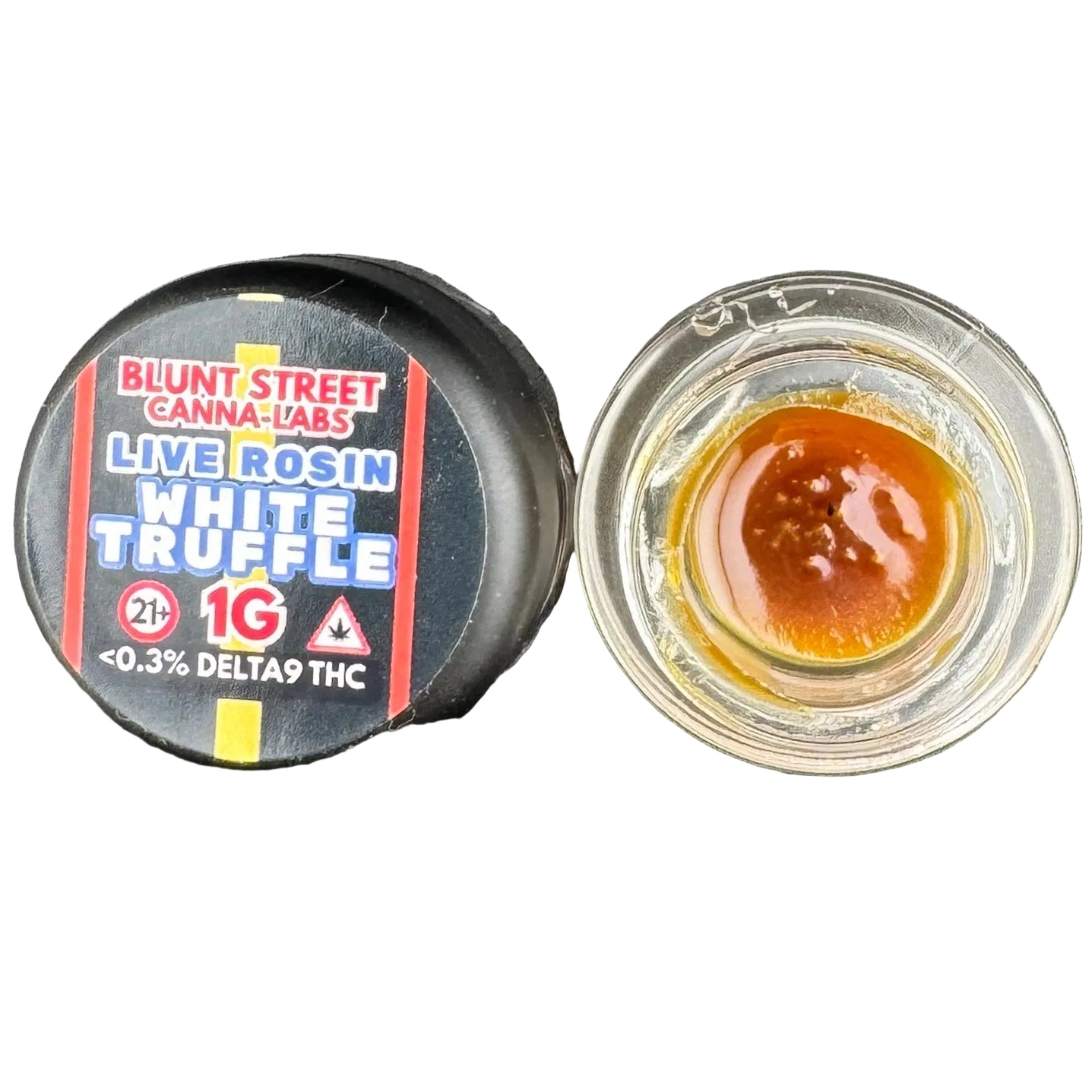 Blunt Street Canna-Labs live rosin container with white truffle flavor on a gray background