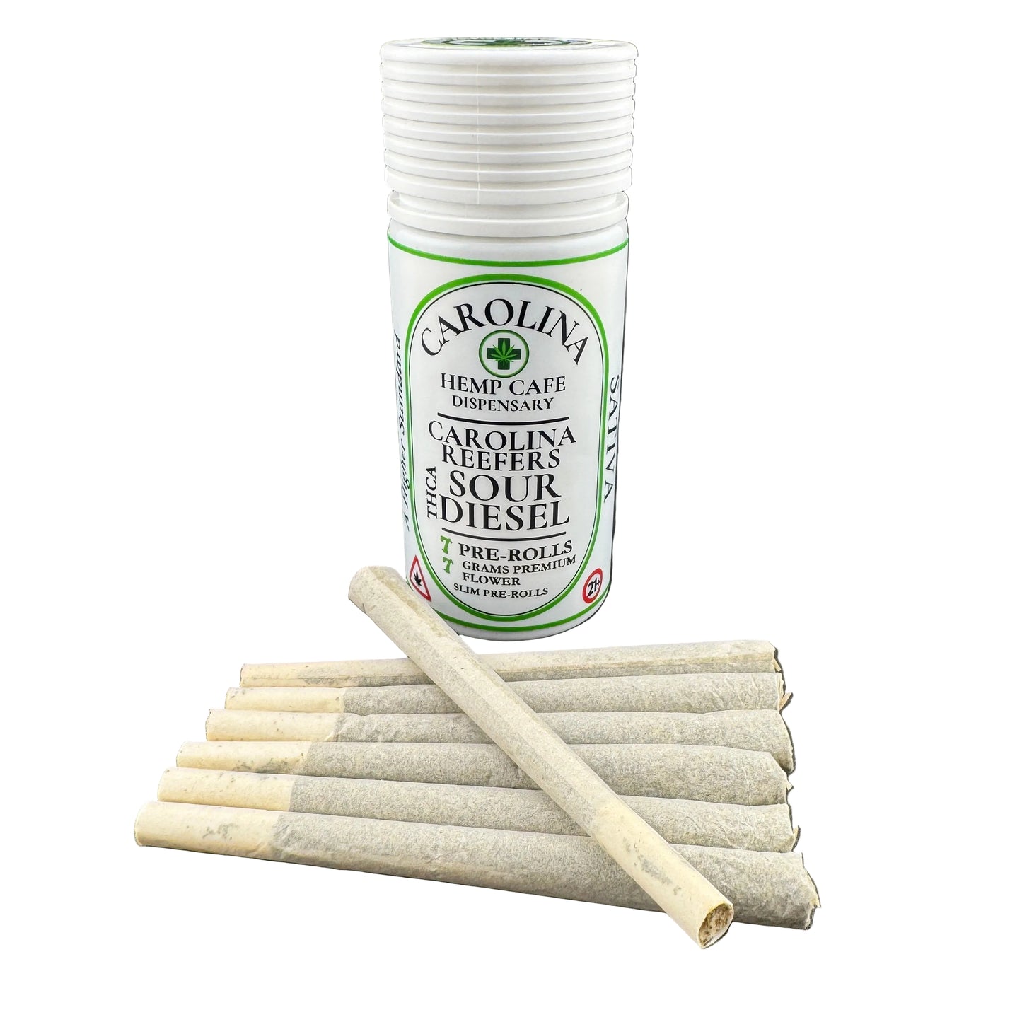 Tube of Carolina Hemp Cafe pre-rolled joints on a dark surface