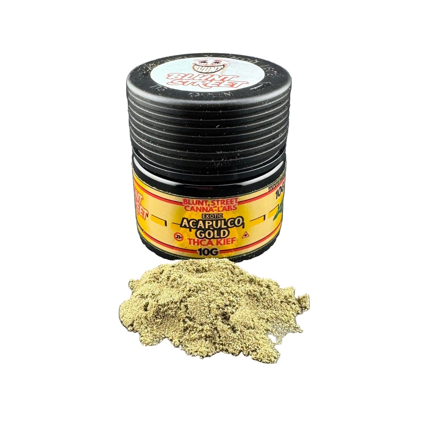 Jar of Acapulco Gold THC Kief with a small pile on a dark surface