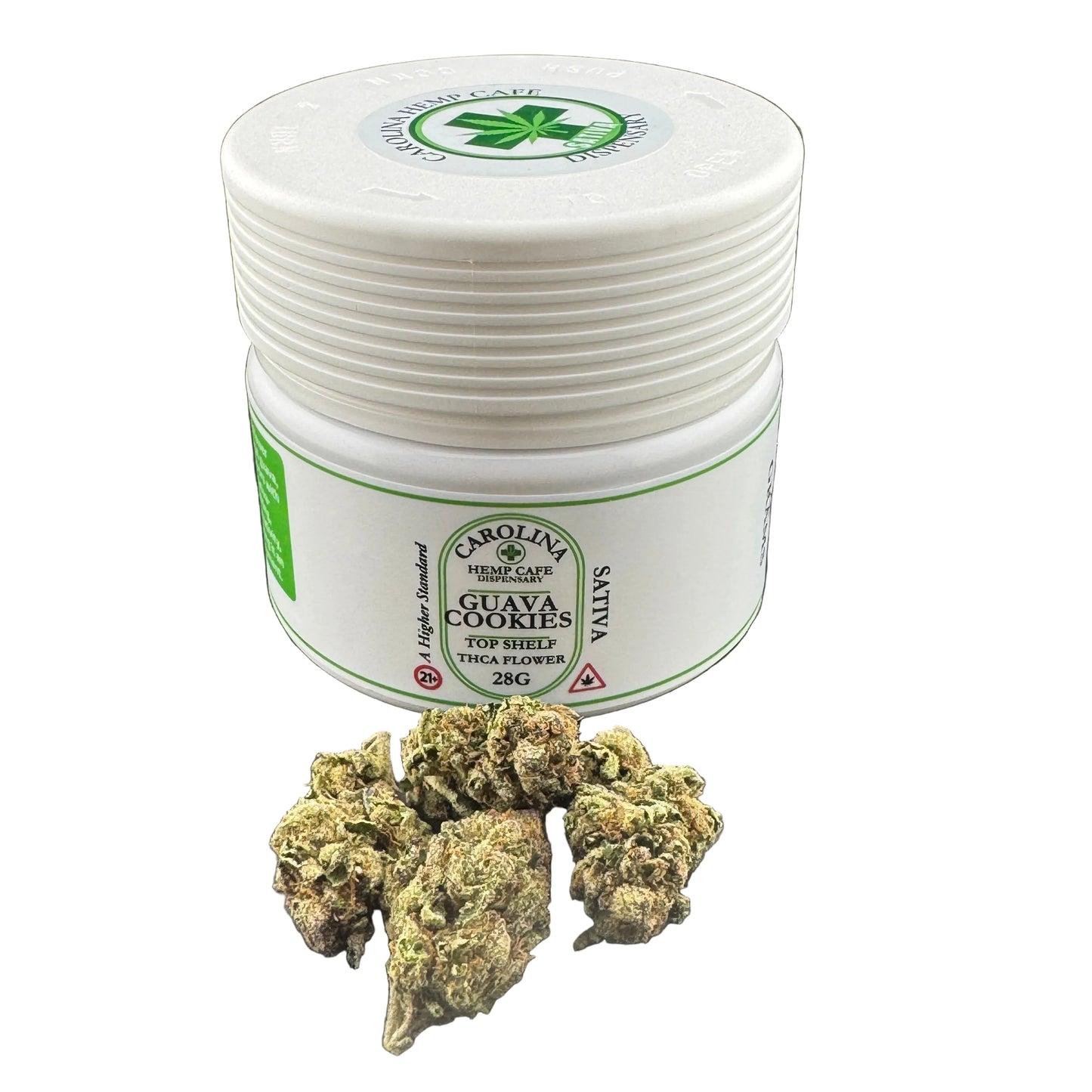 A white plastic jar labeled Carolina Hemp Co. Guava Cookies Top Shelf THCA Flower 28G, shown on a dark gray background with several green and brown dried flower buds placed in front of the jar.