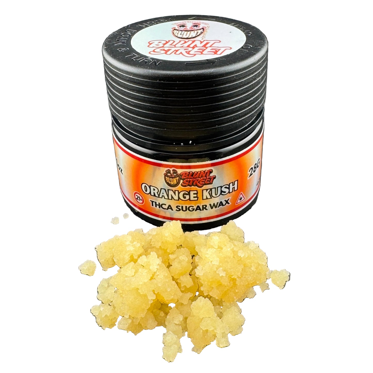A small black jar labeled 'Orange Kush' thca sugar wax by Bling Bling Street, with a small pile of pale yellow wax crystals placed in front on a dark gray surface.