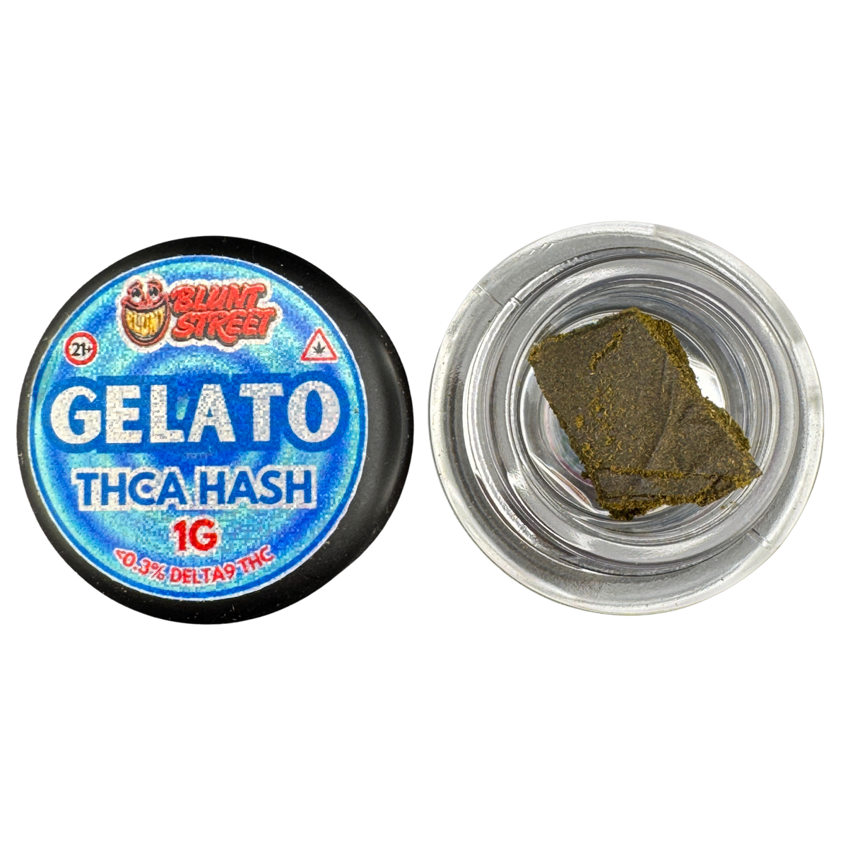 A round blue and black container labeled 'BLUNT STREET GELATO THCA HASH 1G' shown next to an open clear plastic jar containing a square piece of dark green-brown hash oil.