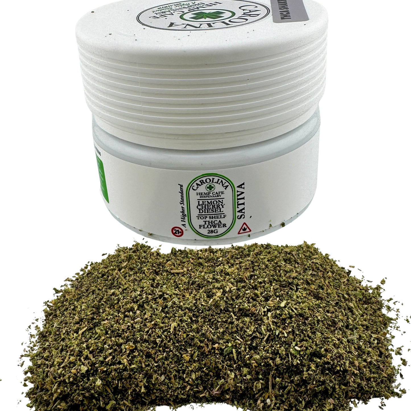 Jar of dried herbs with a visible brand label on a white background