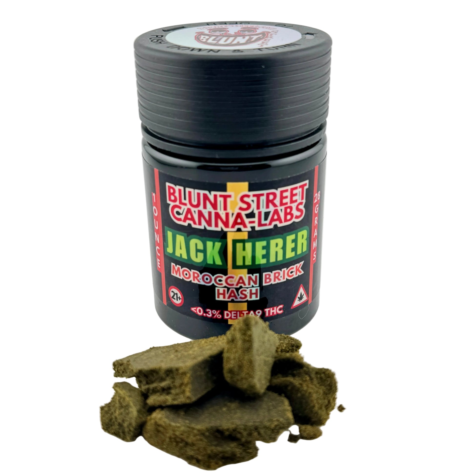 Jar of Blunt Street Canna-Labs Jack Herer Moroccan Brick Hash on a white background