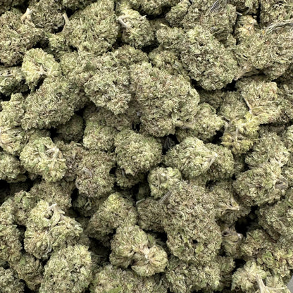 Close-up of a pile of green cannabis buds in a clear plastic bag.
