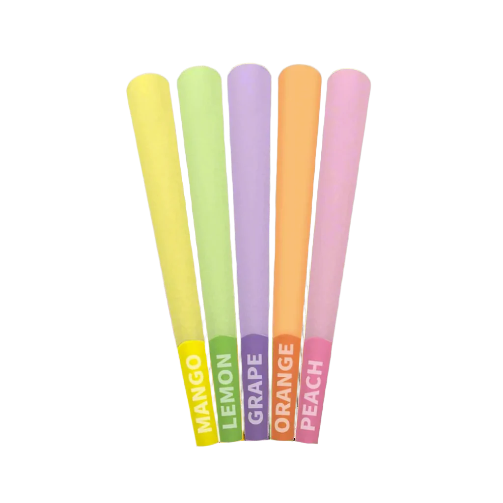 A selection of five THCA pre-rolls in different colors, labeled with their respective flavors: Mango, Lemon, Orange, Peach, and Grape.