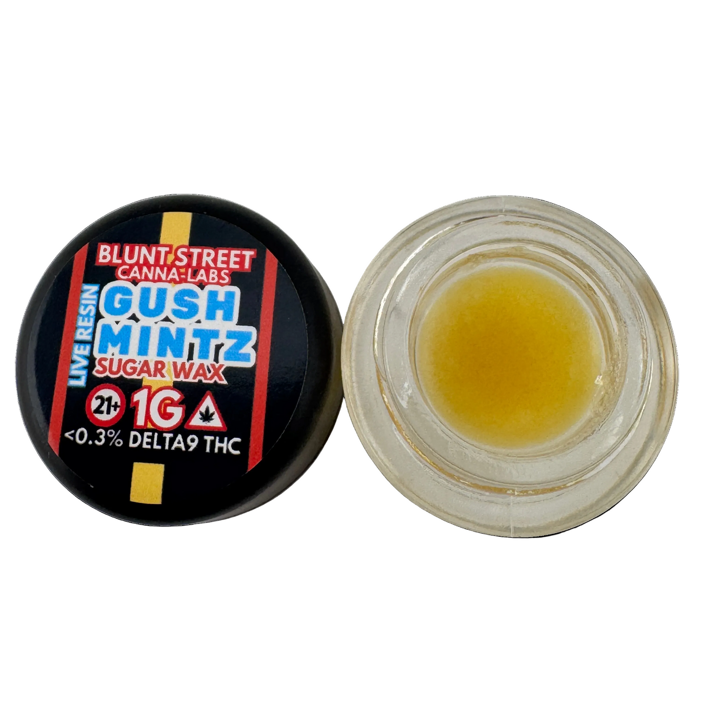 Jar of cannabis concentrate with Blunt Street Canna Labs label on a white background