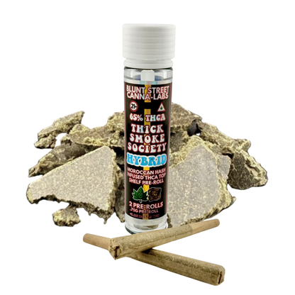 Bottle of Blunt Street Cannabis Labs product on a white background with cannabis leaves and pre-rolls.