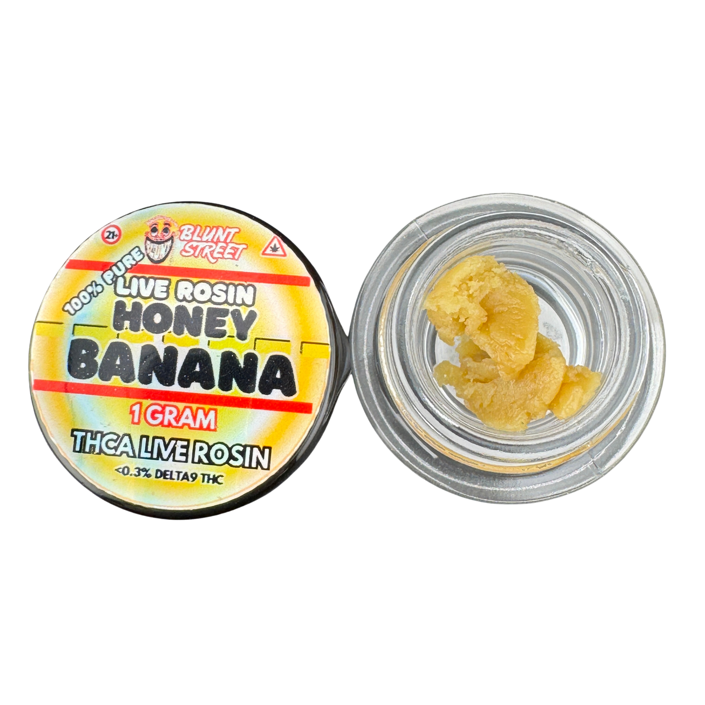 Jar of live rosin labeled 'Honey Banana' with a visible brand on a white background