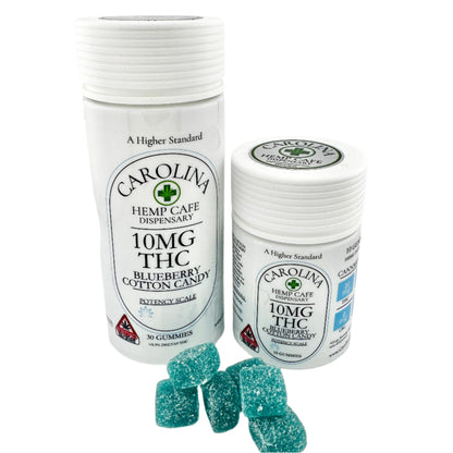 white bottle of 10mg thc gummies by Carolina Hemp cafe.  Blueberry Cotton Candy flavor.  2 sizes.  10 count and 30 count bottles with gummies displayed in front of bottles