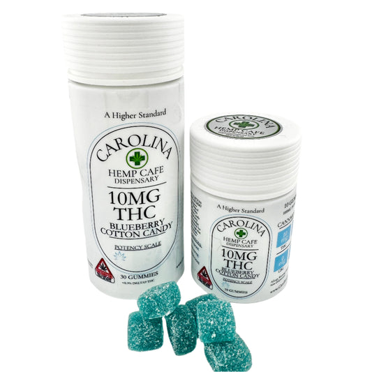 white bottle of 10mg thc gummies by Carolina Hemp cafe.  Blueberry Cotton Candy flavor.  2 sizes.  10 count and 30 count bottles with gummies displayed in front of bottles