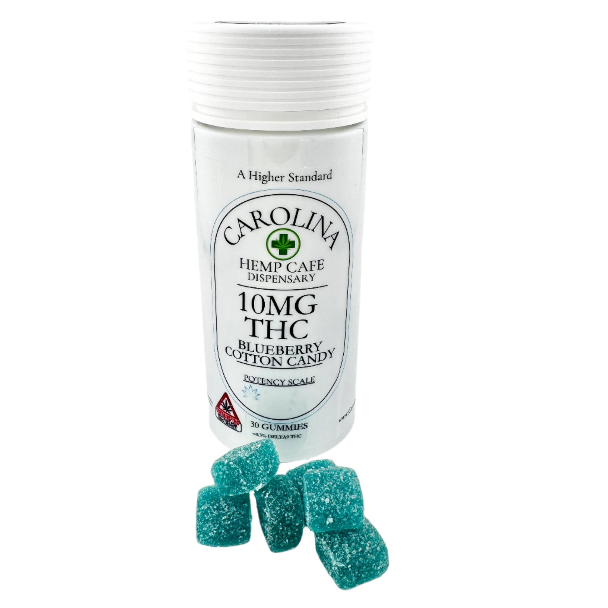 white bottle of 10mg thc gummies by Carolina Hemp cafe.  Blueberry Cotton Candy flavor. 30 count bottle with blue cube sugar coated gummies displayed in front of bottles