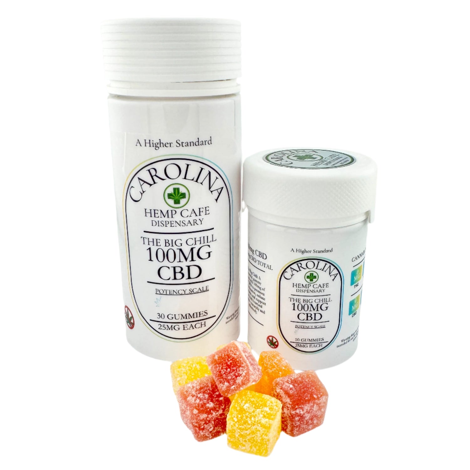 Two bottles of CBD gummies from Carolina Hemp Cafe, one labeled 'The Little Chill' with 25mg CBD per gummy and the other 'The Big Chill' with 100mg CBD per gummy. The bottles are accompanied by several colorful gummy candies in different shapes.