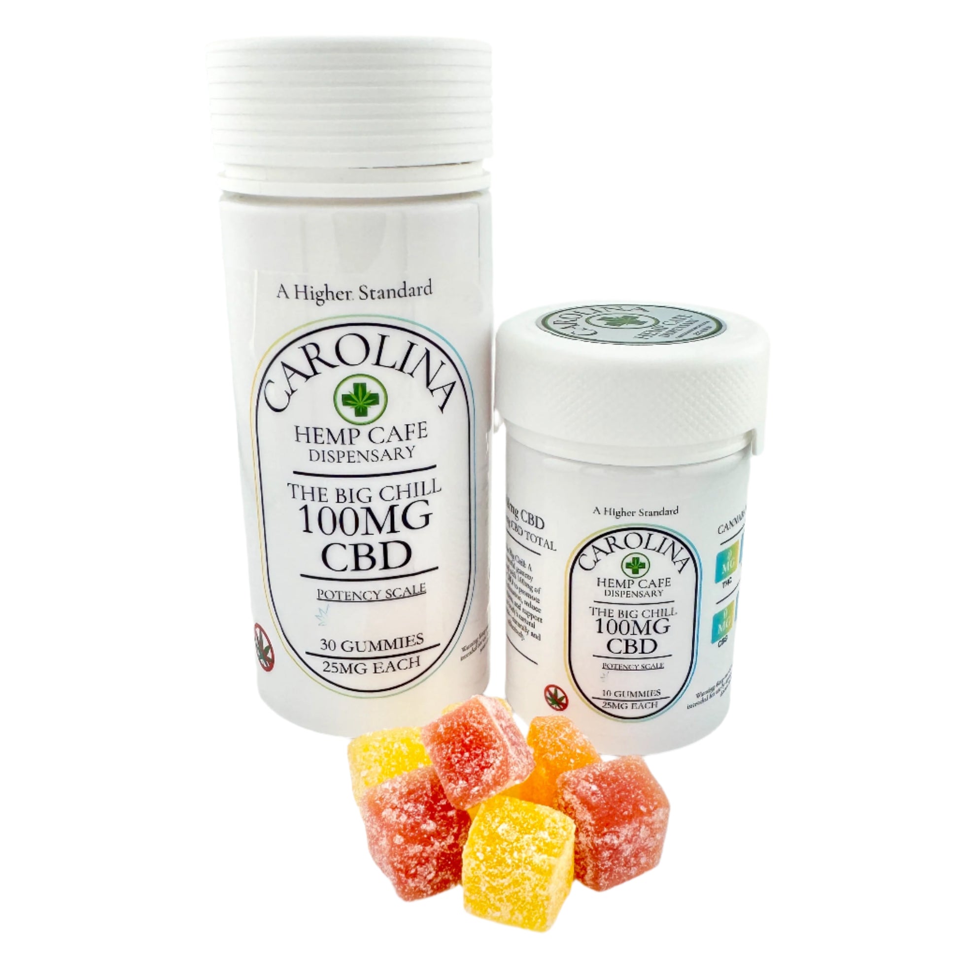 Two bottles of CBD gummies from Carolina Hemp Cafe, one labeled 'The Little Chill' with 25mg CBD per gummy and the other 'The Big Chill' with 100mg CBD per gummy. The bottles are accompanied by several colorful gummy candies in different shapes.