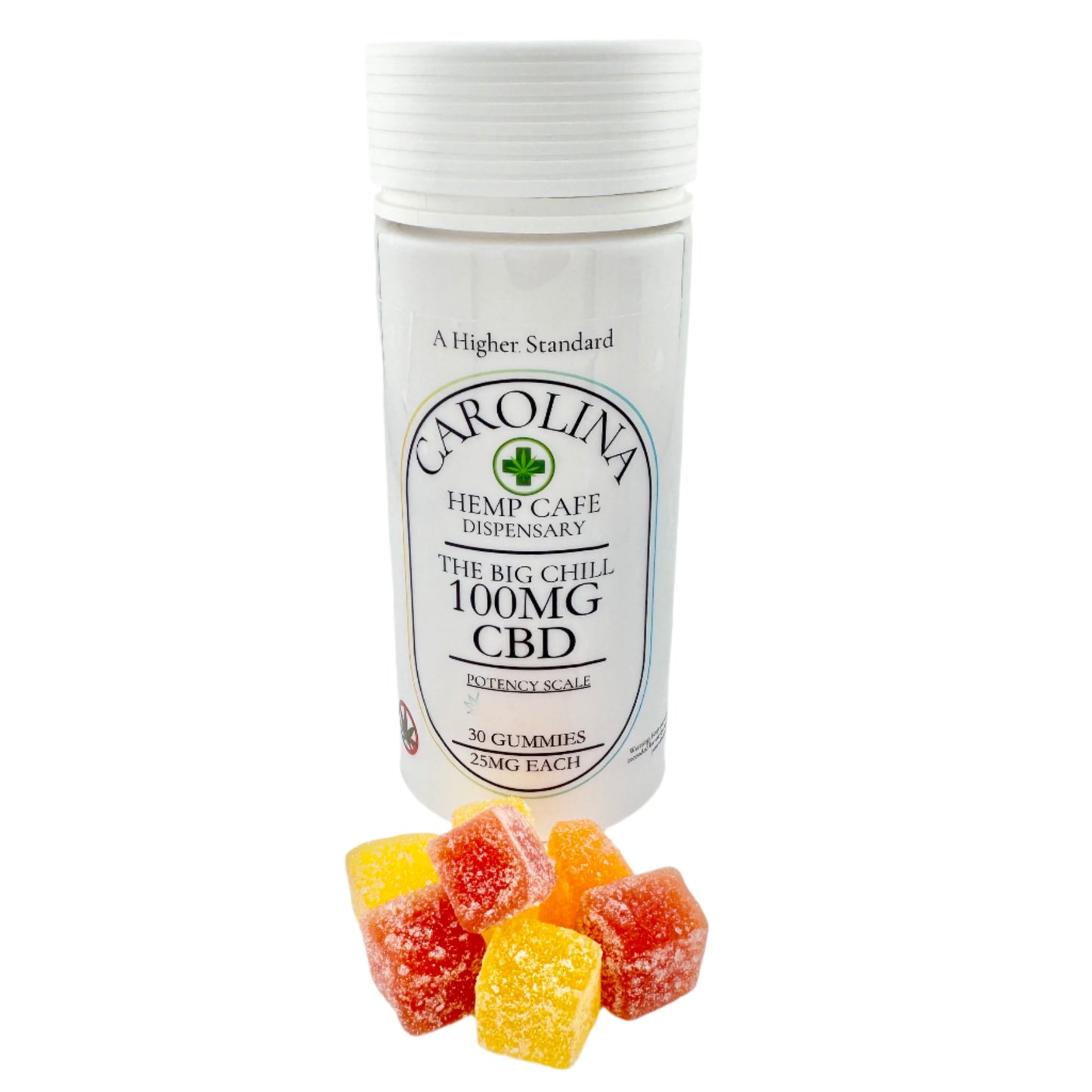 Bottle of 100mg CBD gummies in white bottle with assortment of gummy candies displayed in front of it