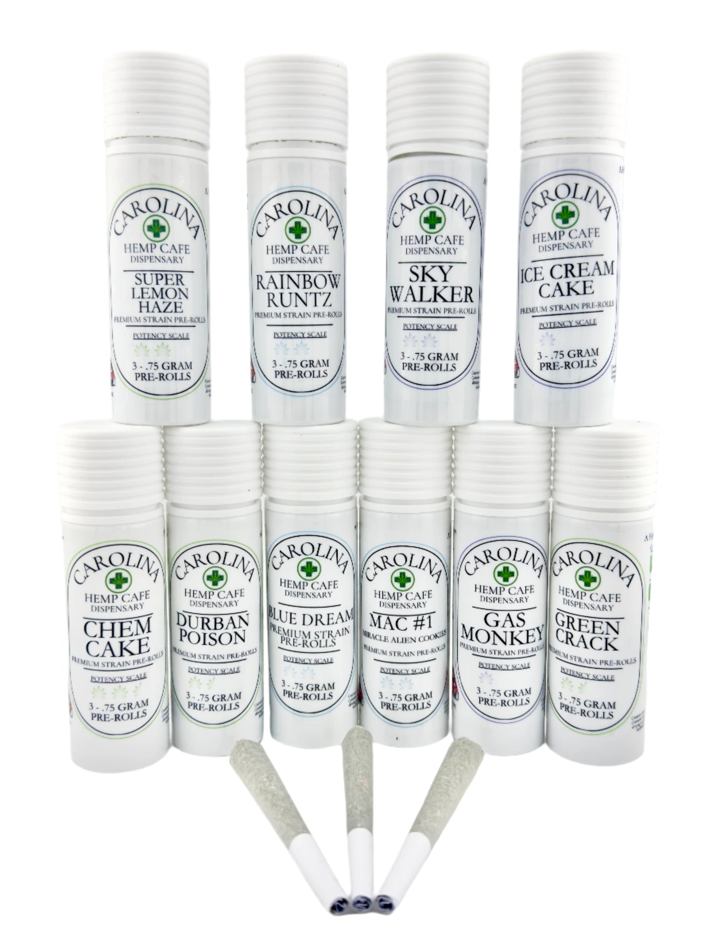 Display of 10 White cylinder Jars by Carolina Hemp Cafe with 3 pre-rolls laying in front of it them