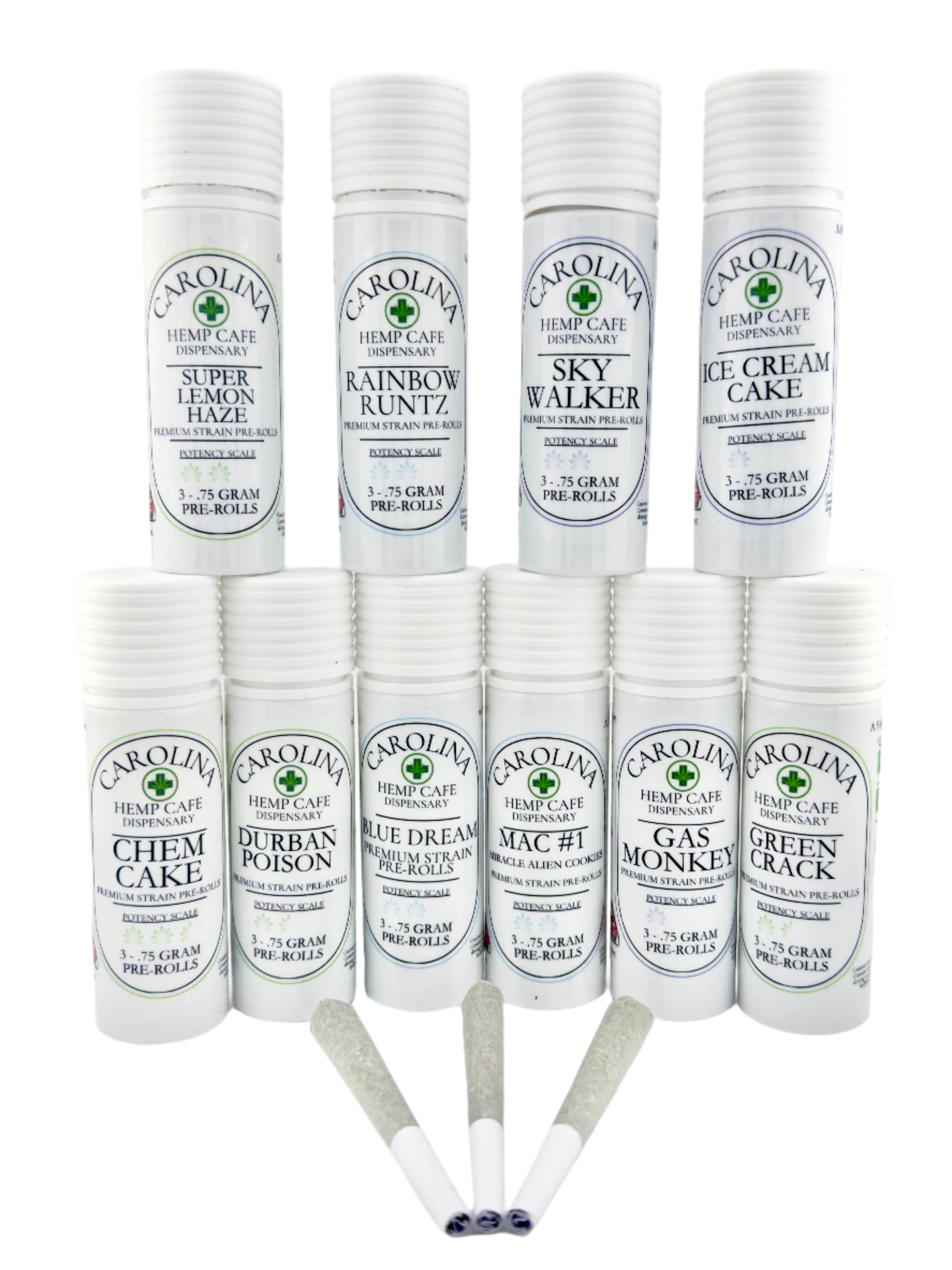 Display of 10 White cylinder Jars by Carolina Hemp Cafe with 3 pre-rolls laying in front of it them