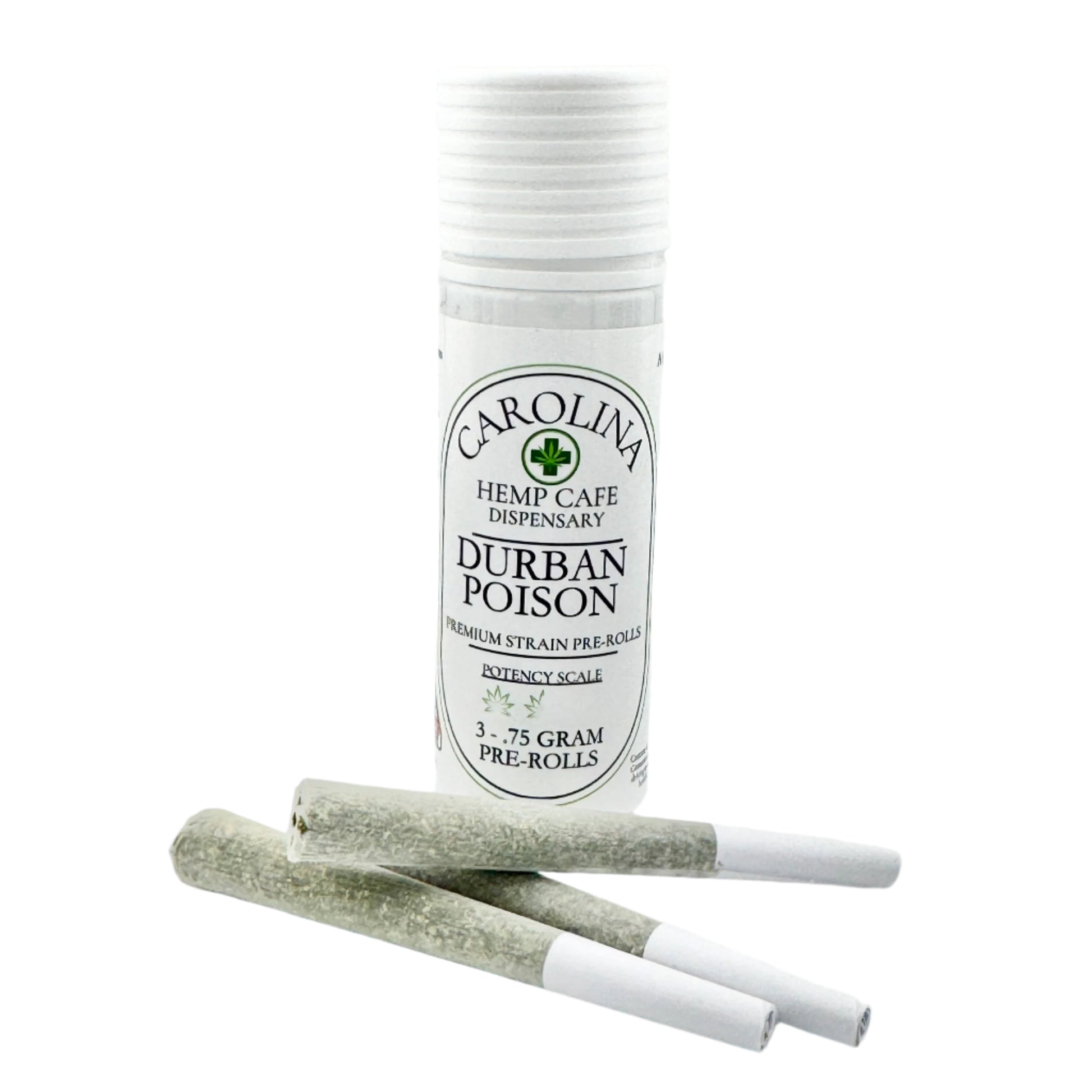 White cylinder Jar by Carolina Hemp Cafe with 3 pre-rolls laying in front of it.  Label says Durhban Poison