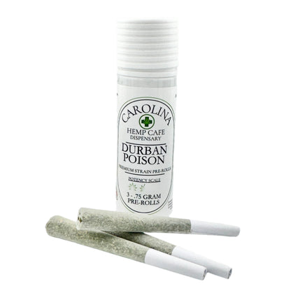 White cylinder Jar by Carolina Hemp Cafe with 3 pre-rolls laying in front of it.  Label says Durhban Poison