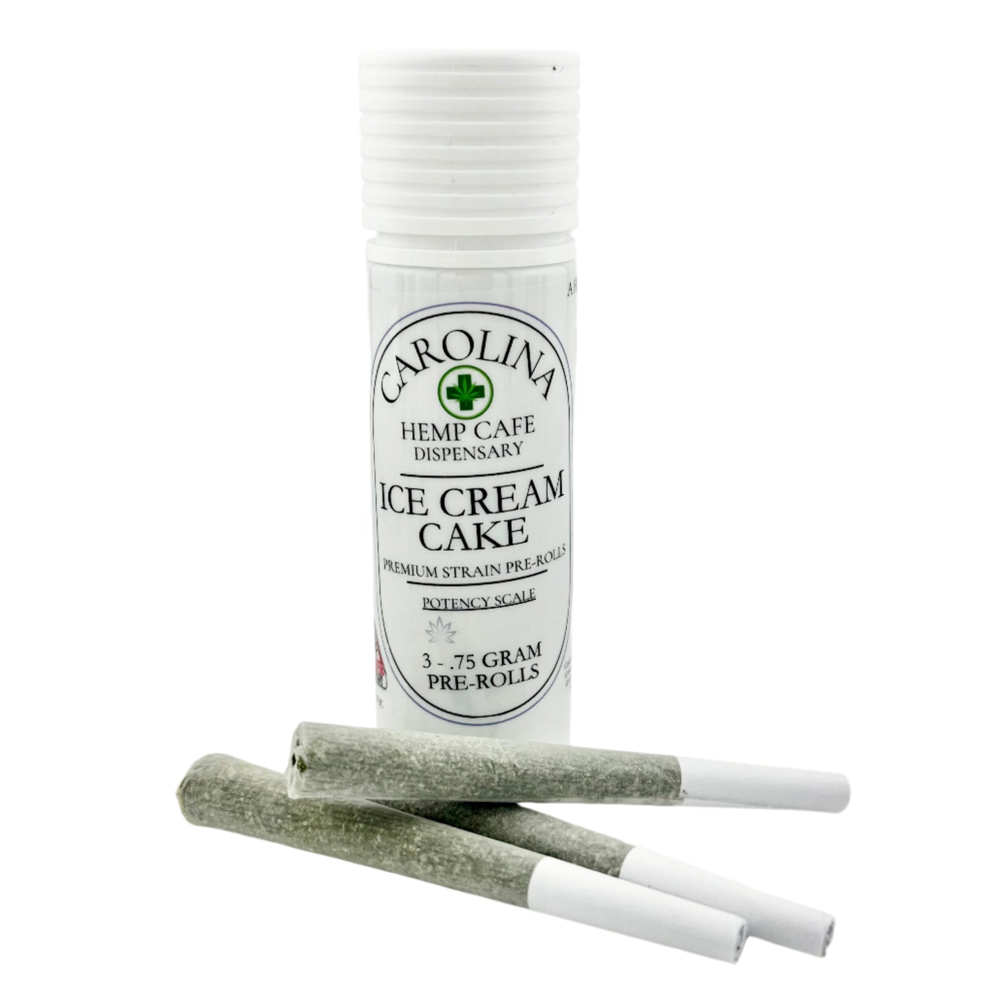 White cylinder Jar by Carolina Hemp Cafe with 3 pre-rolls laying in front of it.  Label says Ice Cream Cake