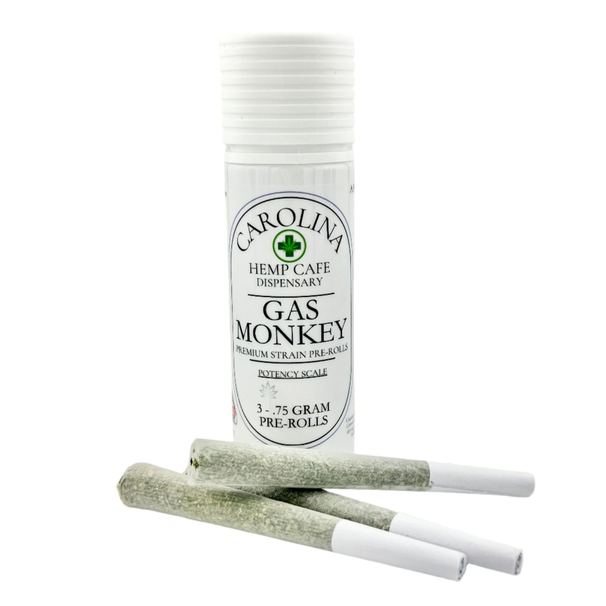 White cylinder Jar by Carolina Hemp Cafe with 3 pre-rolls laying in front of it.  Label says Gas Monkey