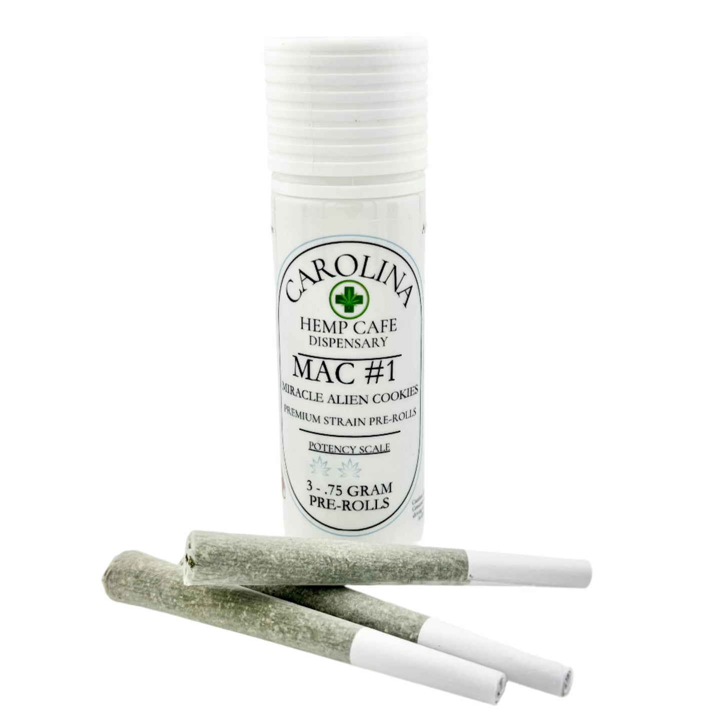 White cylinder Jar by Carolina Hemp Cafe with 3 pre-rolls laying in front of it.  Label says Mac #1