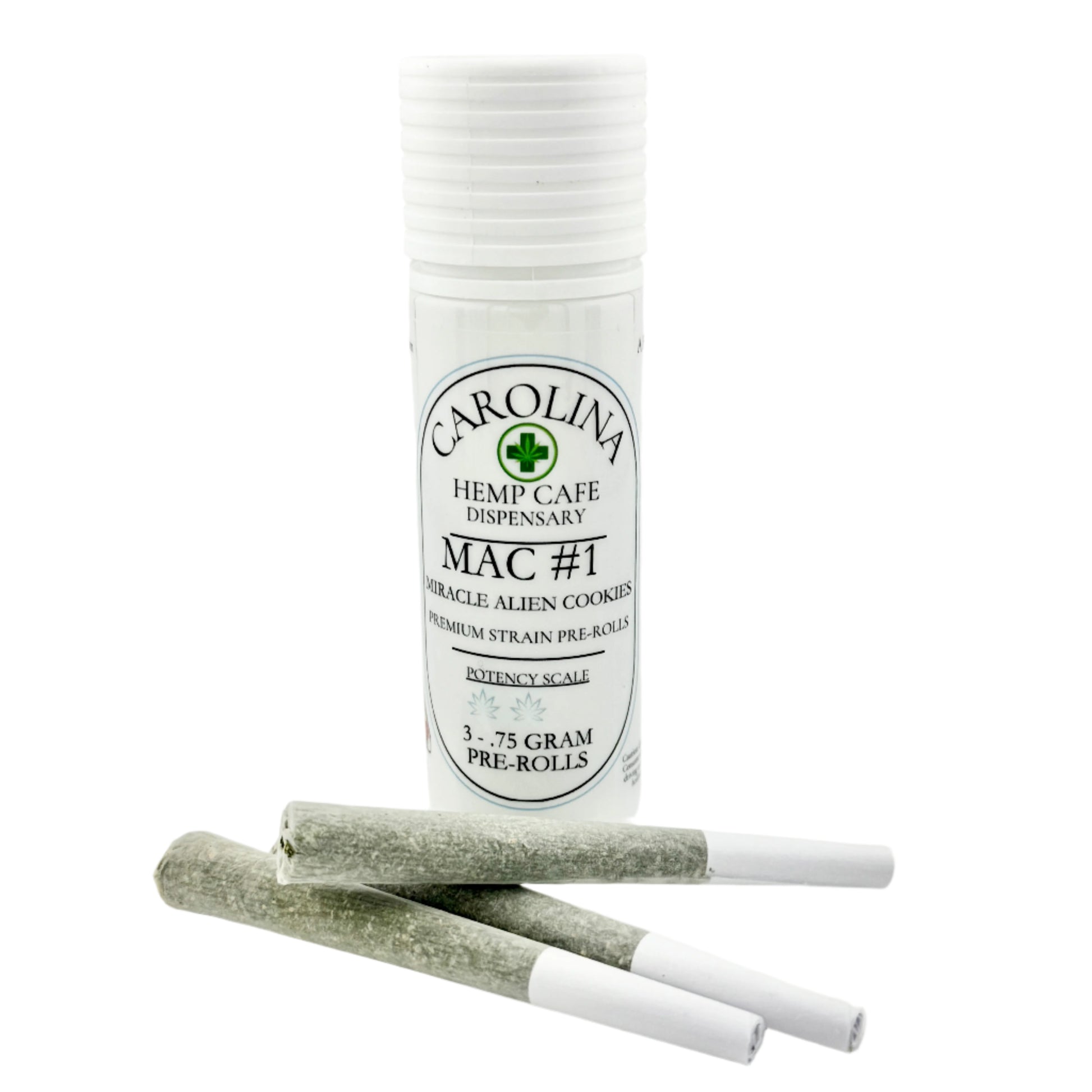 White cylinder Jar by Carolina Hemp Cafe with 3 pre-rolls laying in front of it.  Label says Mac #1