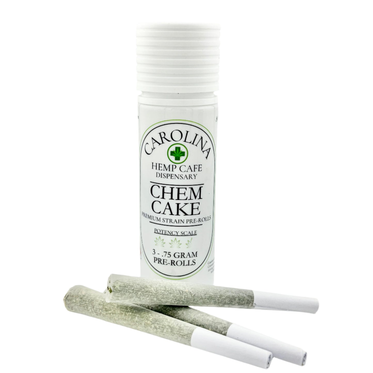 White cylinder Jar by Carolina Hemp Cafe with 3 pre-rolls laying in front of it.  Label says Chem Cake